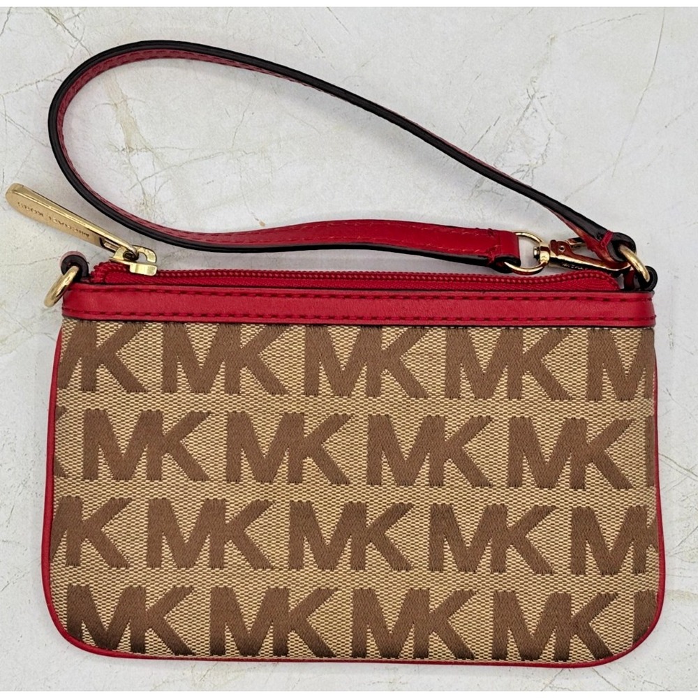Michael Kors Jacquard Monagram Wristlet Mini Bag Red Leather Signature Lining